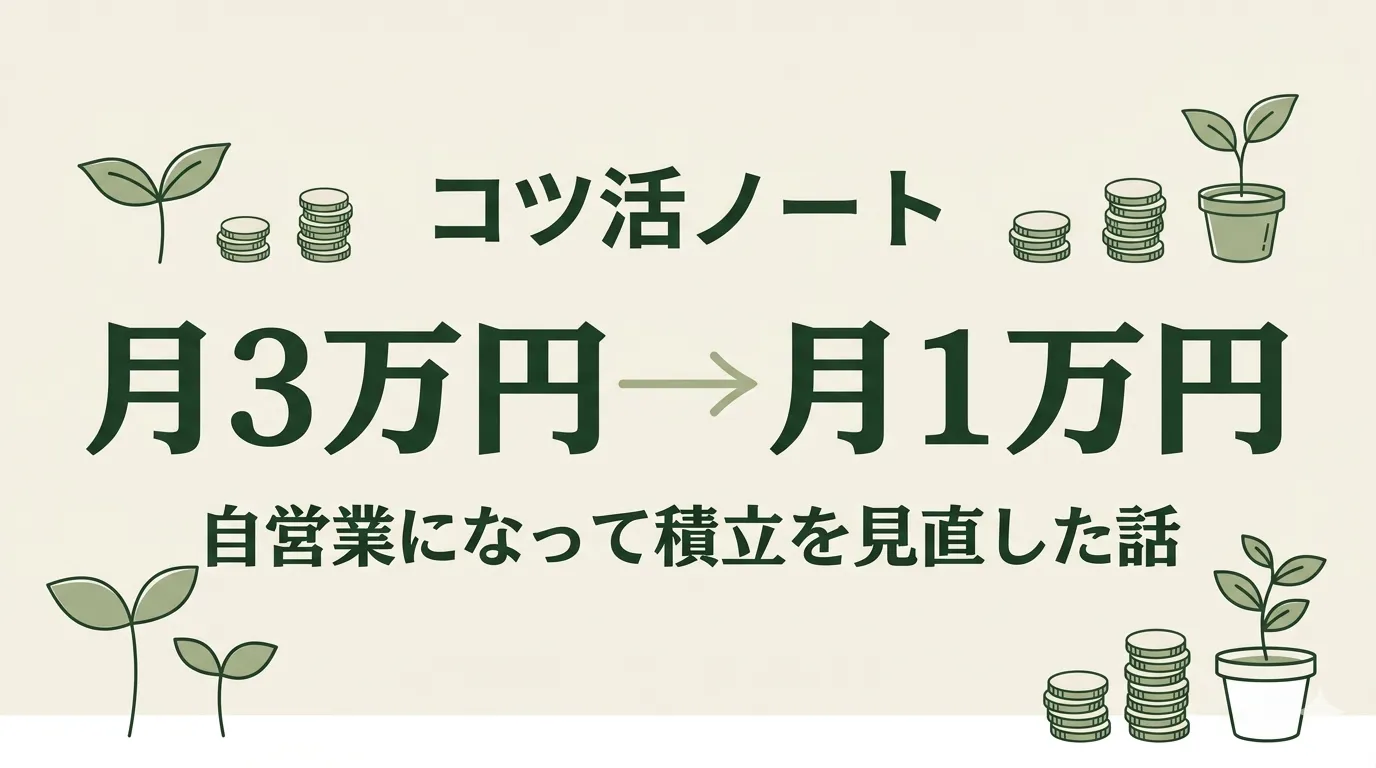 小さな植木鉢と若芽のイラスト、中央に「月3万円 → 月1万円」「自営業になって積立を見直した話」の文字。会社員時代の積立額から、自営業として再スタートした際に額を見直したことを表現。
