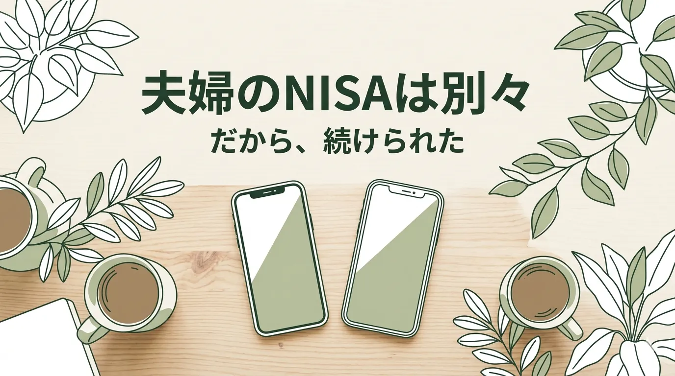 机の上にスマートフォンが2台並んだ線画イラスト。夫婦それぞれが別々のNISA口座を持っている様子を表現