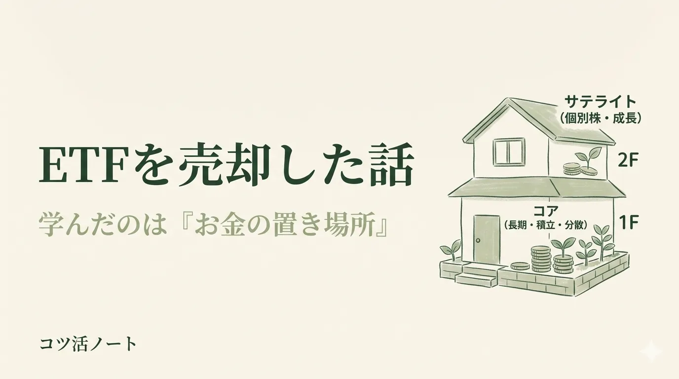 コア・サテライト戦略を2階建ての家で表現した、コツ活ノートの記事サムネイル