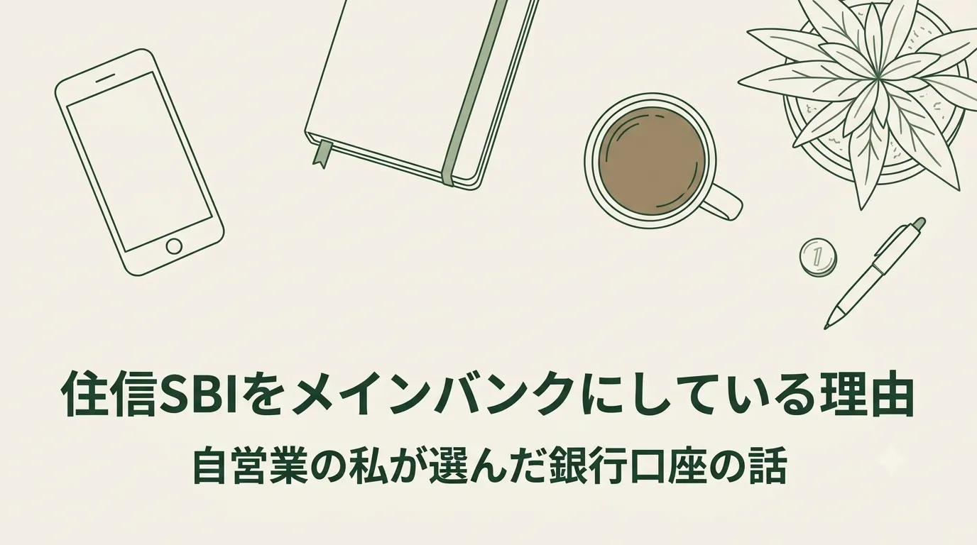 机の上を俯瞰したシンプルな線画イラスト。スマートフォン、ノート、マグカップ、観葉植物が並び、静かに整った日常の家計管理を表現
