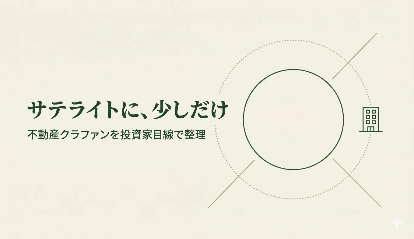 中央に大きな円(コア)とその周りを回る小さな建物アイコン(サテライト)を描いた線画イラスト。インデックス投資のコアを動かさず、サテライトで不動産に少額分散する考え方を表現