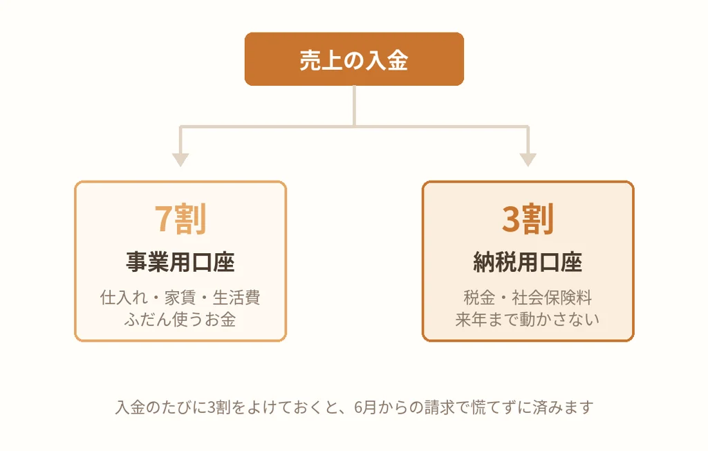 売上の入金を事業用口座7割と納税用口座3割に分ける図
